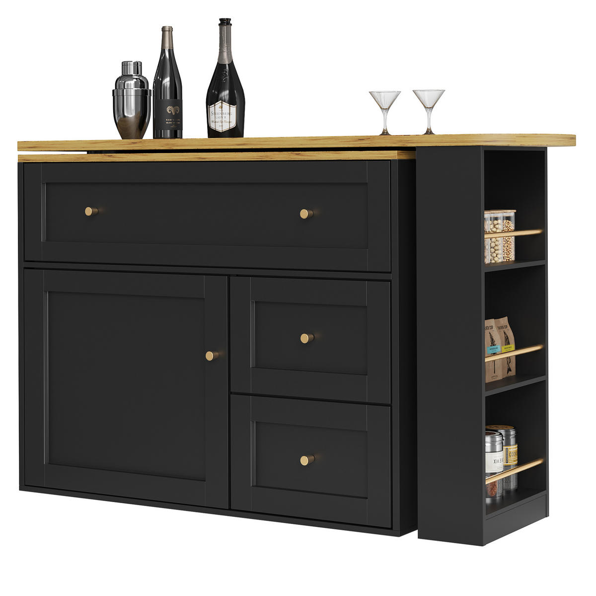 BAROVÝ stůl 138-204/39/105 cm s úložným prostorem, otočnou deskou 360° a sklápěcími prvky z MDF a kovu, Černá - černá, kompozitní dřevo (39/105/138cm) - Redom