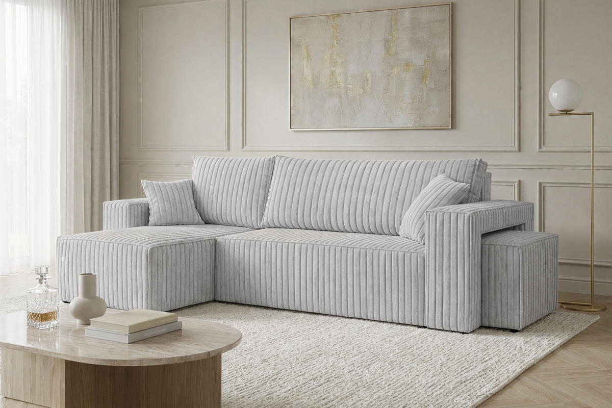 ECKSOFA Mit Schlaffunktion Und Pouf, Cordstoff Tilia, Grau, Links, Best L Mit Pouf - Grau, Holz (244/145cm) - Kaiser Möbel