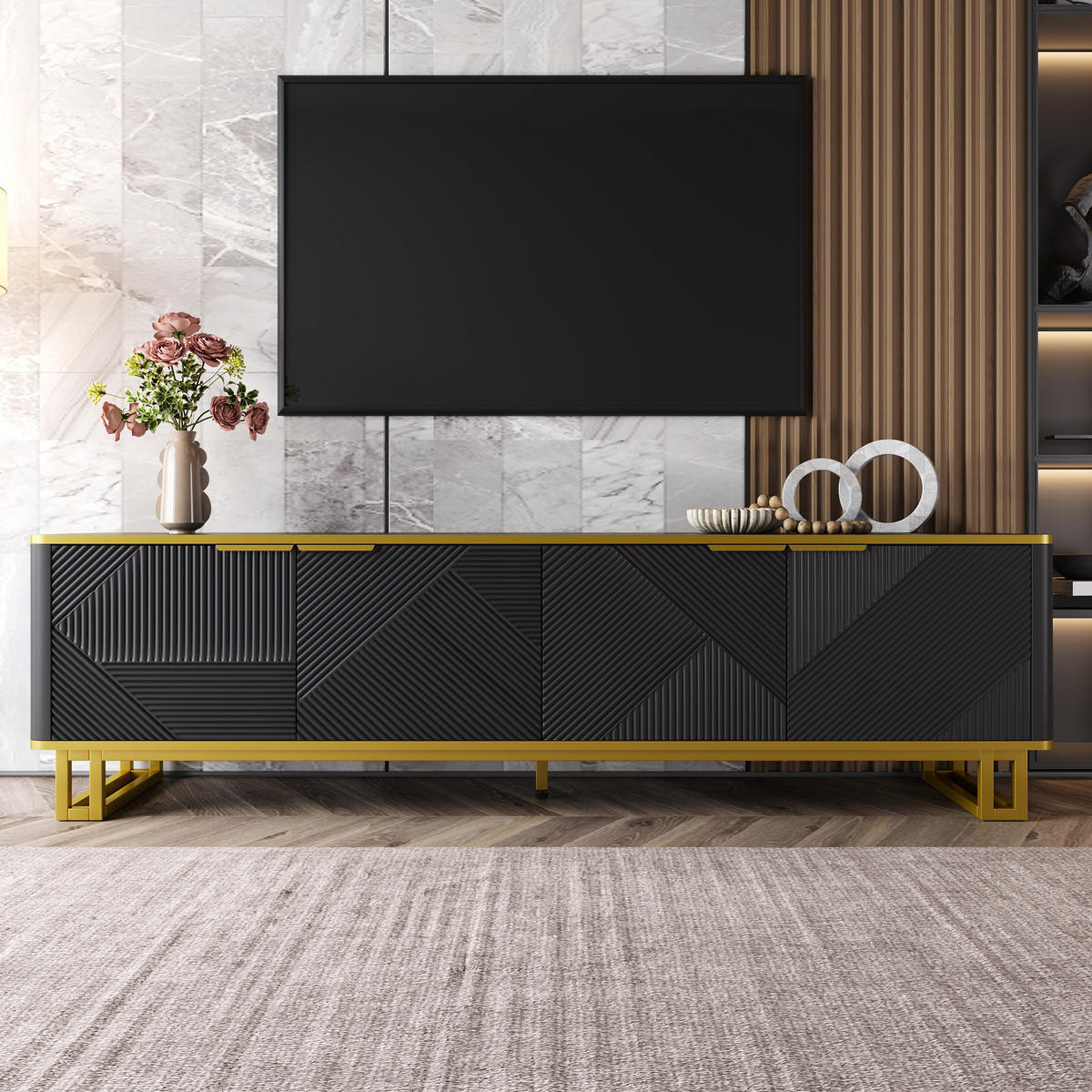 TV-ELEMENT160X37,5X48CM SchwarzGold Lowboard mit 4 Türen und Kabelmanagement - Schwarz, Holz (45.09/14.61/175.26cm) - Raelunyi