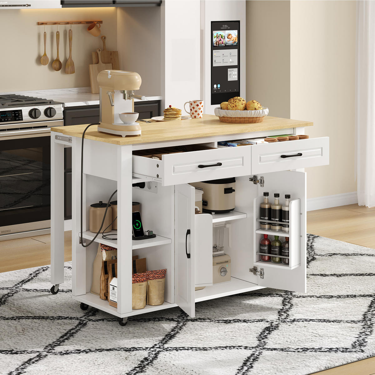 KÜCHENINSEL 120/77/93 cm weiß/natur mit ausziehbarer Bartheke - Weiß, Holzwerkstoff (120/93/77cm) - OKWISH