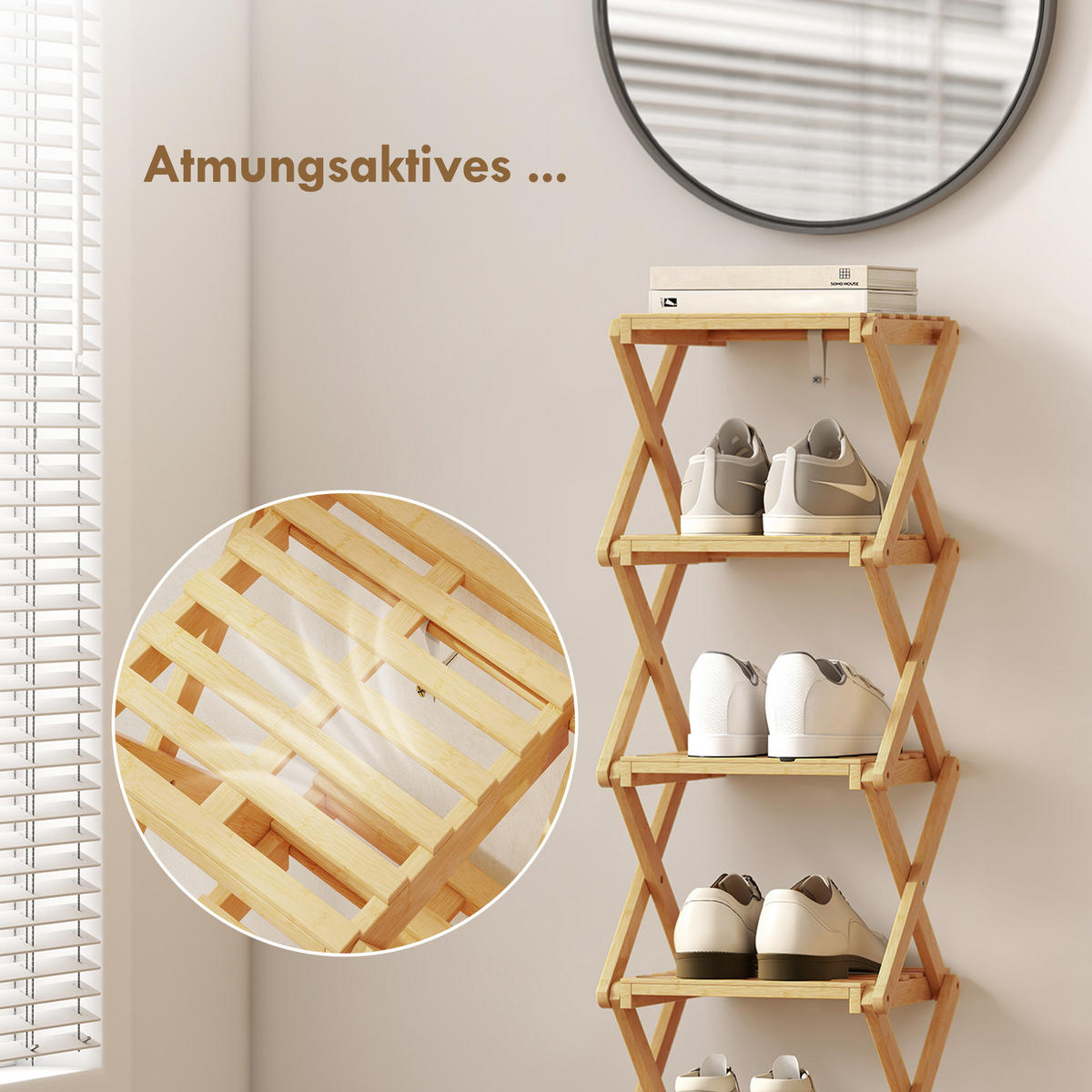 SCHUHREGAL klappbar Schuhständer mit 6 Ebenen aus Bambus für max. 9 Paar Schuhe - Naturfarben, Naturmaterialien (29/108/30cm) - HOMCOM