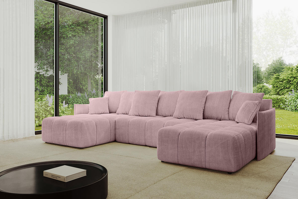 WOHNLANDSCHAFT LONLI-U 355x189x68 Rosa Cord - Rosa, Holzwerkstoff/Kunststoff (355/68/189cm) - ALTDECOR