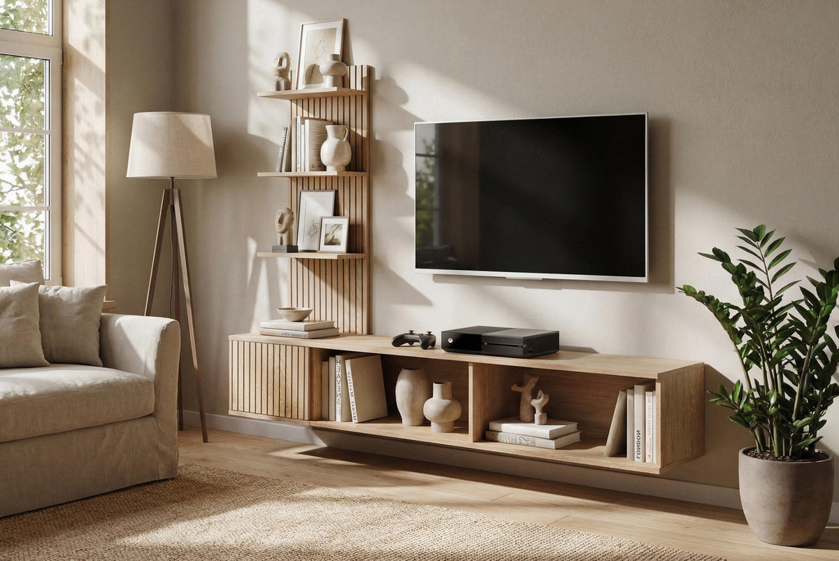 TV-LOWBOARD Cremona Eiche Leistenoptik 180 cm hängend, TV Unterschrank Set mit Paneel und Regal - Eichefarben, Holzwerkstoff (180/130/40cm) - Inn.Furn