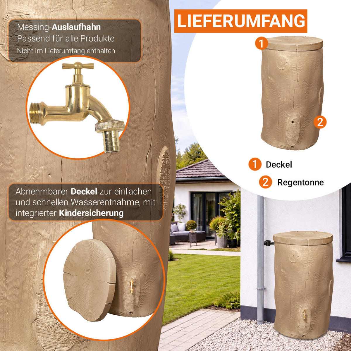 STOCK Regentonne 400 L, light - Braun, Kunststoff (72/119/72cm) - GARANTIA