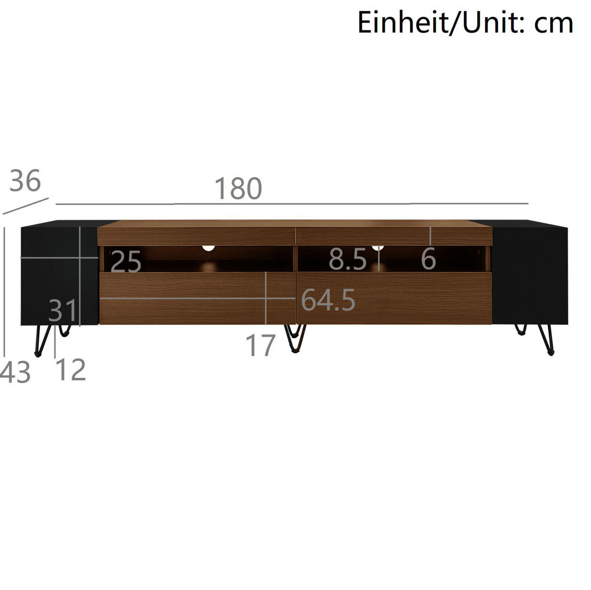 TV ormarić 180/36/43 cm crni u boji drva od MDF-a i iverice s otvorenim policama i 2 vrata - crna, drvni materijal (180/43/36cm) - OKWISH