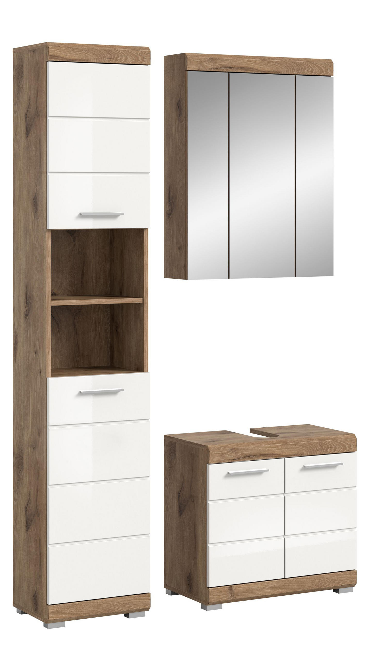 BADKOMBINATION 3tlg. Wave Bad in Nox Oak Nachbildung und weiß hochglanz B/H/T: 112x191x34 cm - Eichefarben, Holz (112/191/34cm)