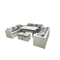 GARTENSET mit Esstisch,Sofa,2 Kleiner Fußhocker Polyrattan Hellgrau 11-Sitzer - Hellgrau/Grau, Glas/Kunststoff - Fimous