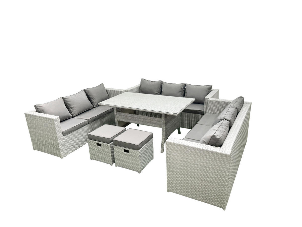 GARTENSET mit Esstisch,Sofa,2 Kleiner Fußhocker Polyrattan Hellgrau 11-Sitzer - Hellgrau/Grau, Glas/Kunststoff - Fimous
