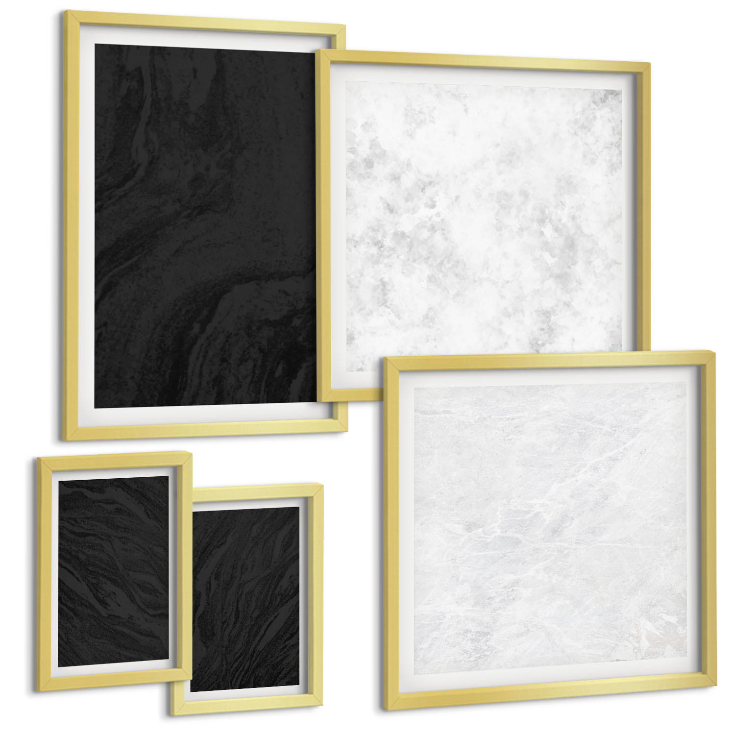 BILDER SET 5er Set - 50x50 cm & 20x30 cm & 40x60 cm Goldrahmen - Dunkles Licht, glamouröse Marmor - Goldfarben, Kunststoff (40/60cm) - TULUP