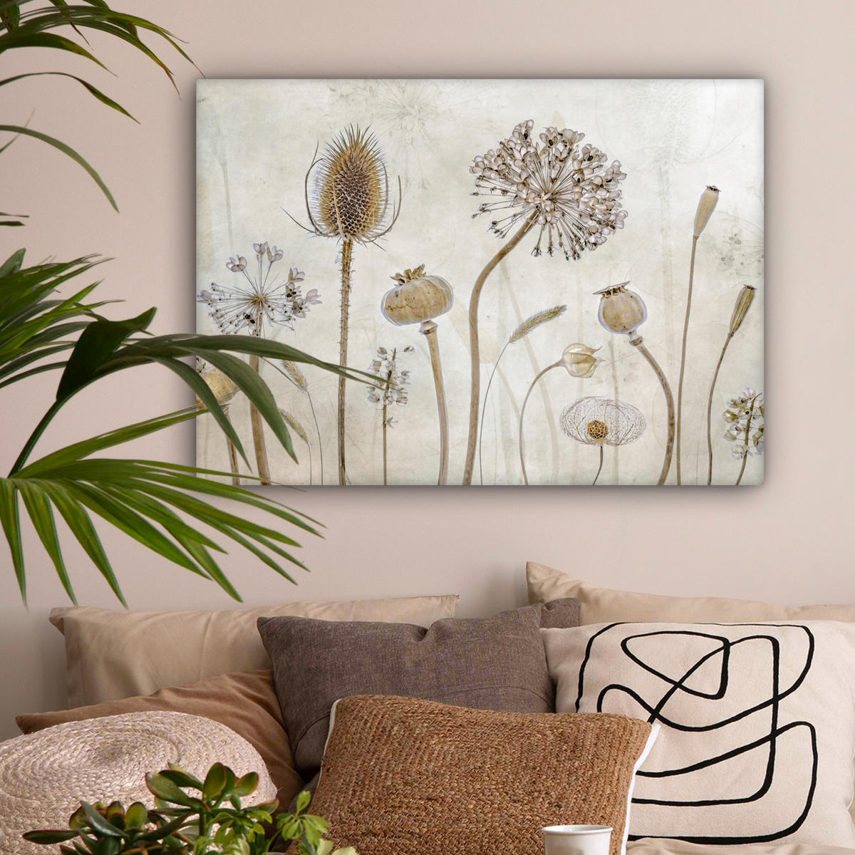 LEINWANDBILD Blumen - Aquarell - Stilleben - Braun - Vintage Wandbilder 80x60 cm - Beige, Textil (80/60cm) - MuchoWow