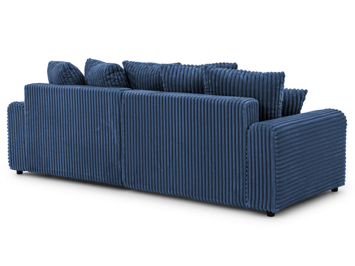 ECKSOFA Calma mit Schlaffunktion und Bettkasten im Bumpy-Design aus weichem Marineblau Plüschcord - Ottomane rechts - Blau/Schwarz, Holz/Kunststoff (140/239cm) - S-Style
