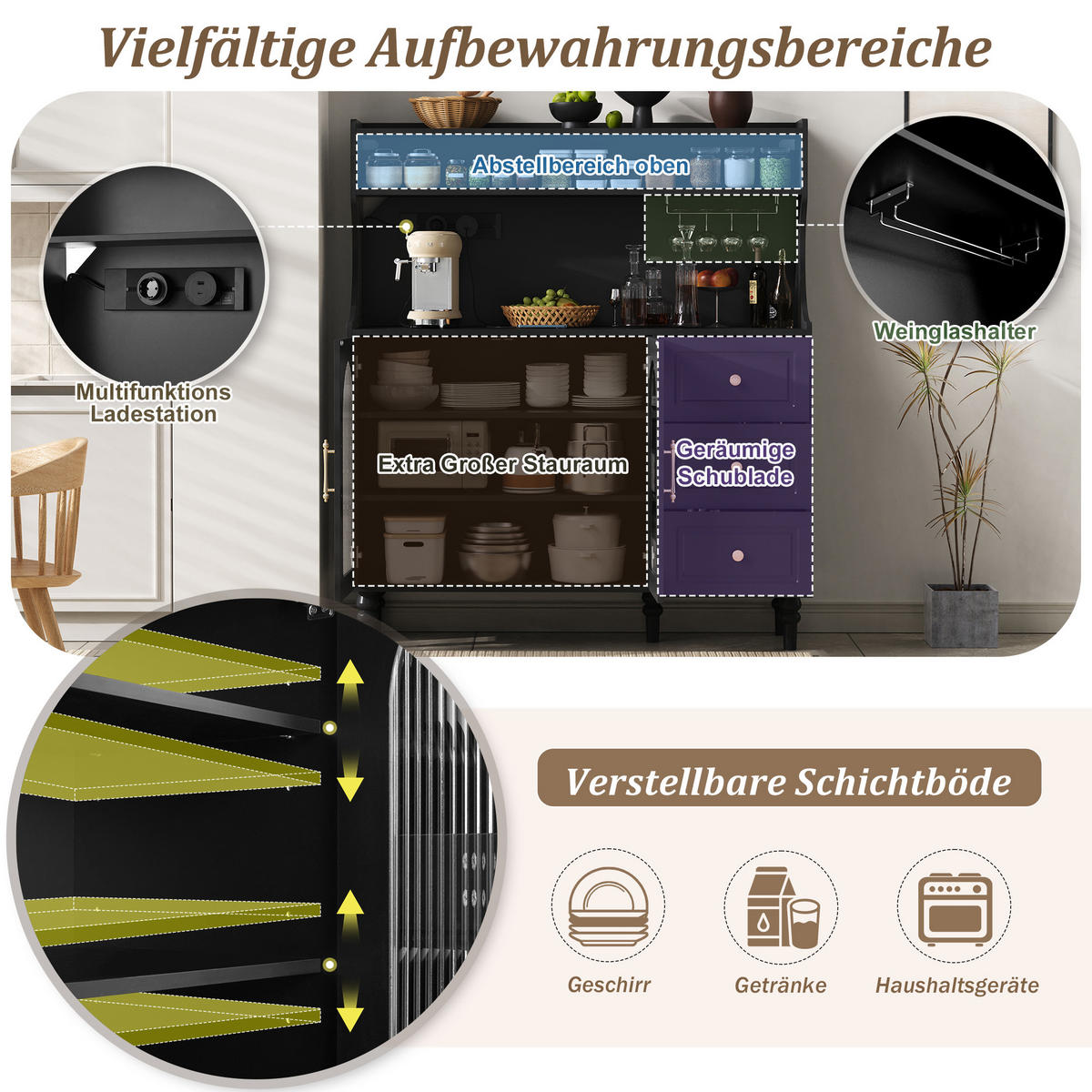 BUFFET in Schwarz mit Weinglashaltern und Stauraum für Esszimmer und Küche, B120/T40/H138.5 cm - Transparent/Schwarz, Glas/Holzwerkstoff (120/138.5/40cm) - STILVORA