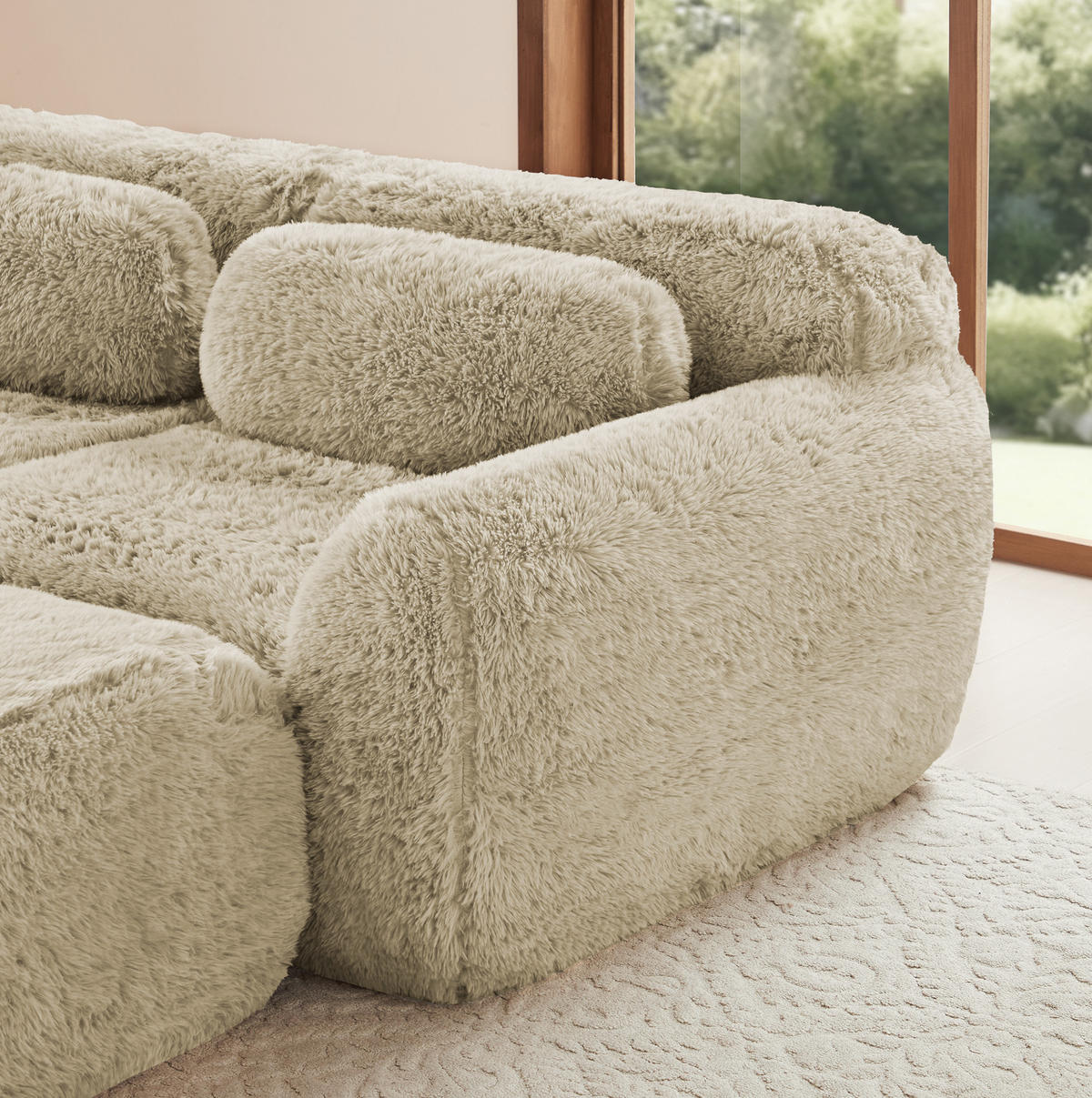 SOFA modulares 2-Sitzer mit 2 Ottomans Plüsch Light Khaki - Braun, Kunststoff (179/73/204cm) - Meubliv