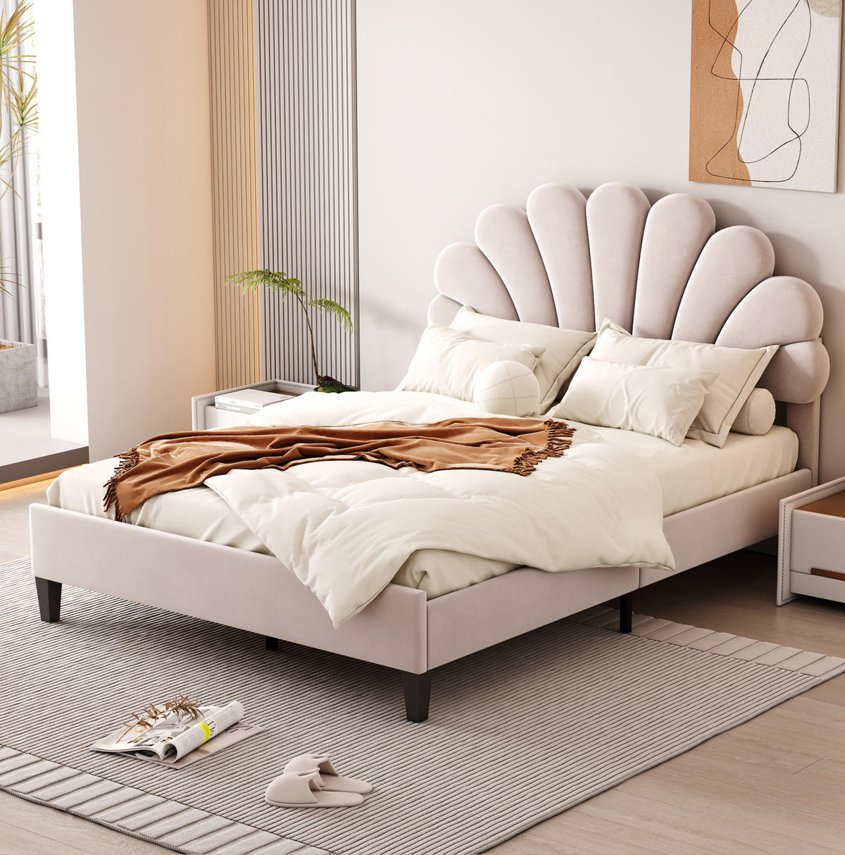 POLSTERBETT mit Blumen-Kopfteil 140x200 cm Samt Beige - Beige, Metall (140/200cm) - Meubliv