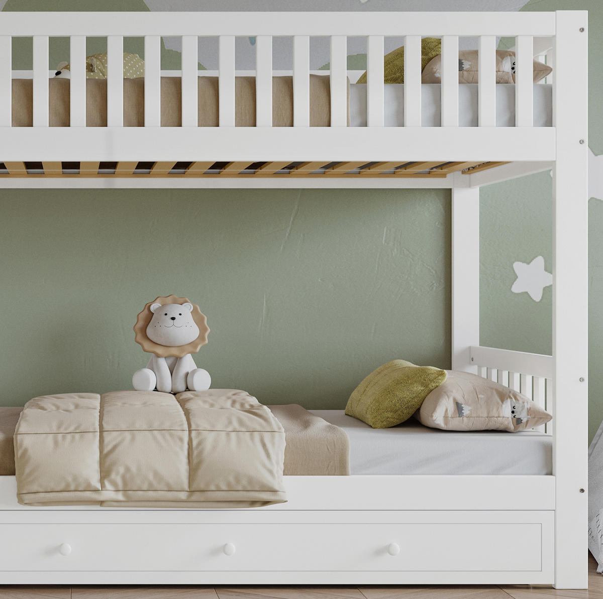 PATROVÁ postel 90/200 cm bílá a přírodní z masivního dřeva a MDF s rovnými schody a zábranami - bílá, dřevo (90/200cm) - OKWISH