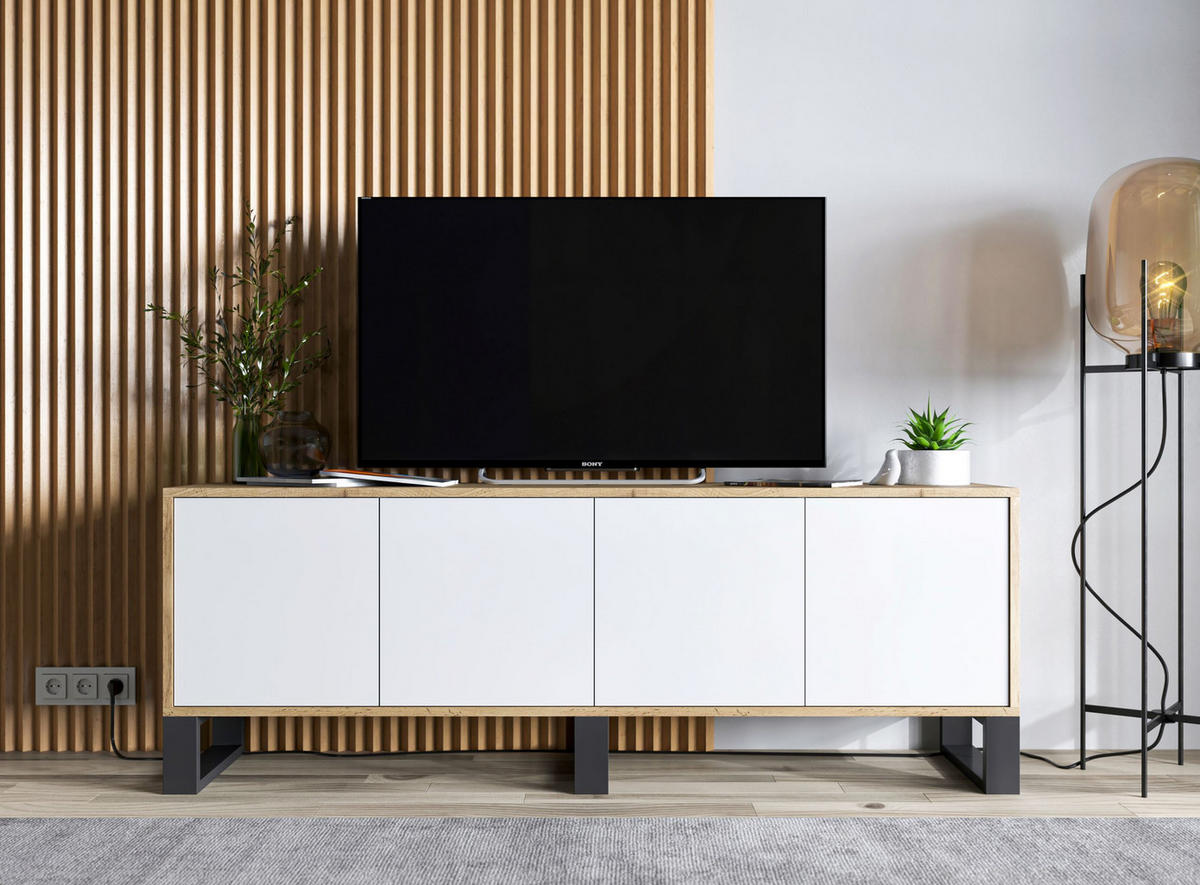 TV-SCHRANK Apollo2 Eiche wotan Weiß Matt mit Metallbeinen 150/53/35 cm - Weiß, Holzwerkstoff/Metall (150/53/35cm) - Meble Lindner
