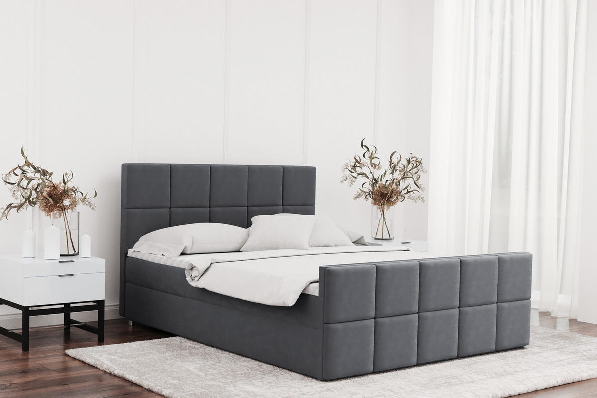 BOXBETT mit Bettkasten und Matratze Topper HANA Stoff Matt Velvet Grau 200x200 cm H2-Pocket - Grau, Holz/Textil (200/200cm) - Kaiser Möbel