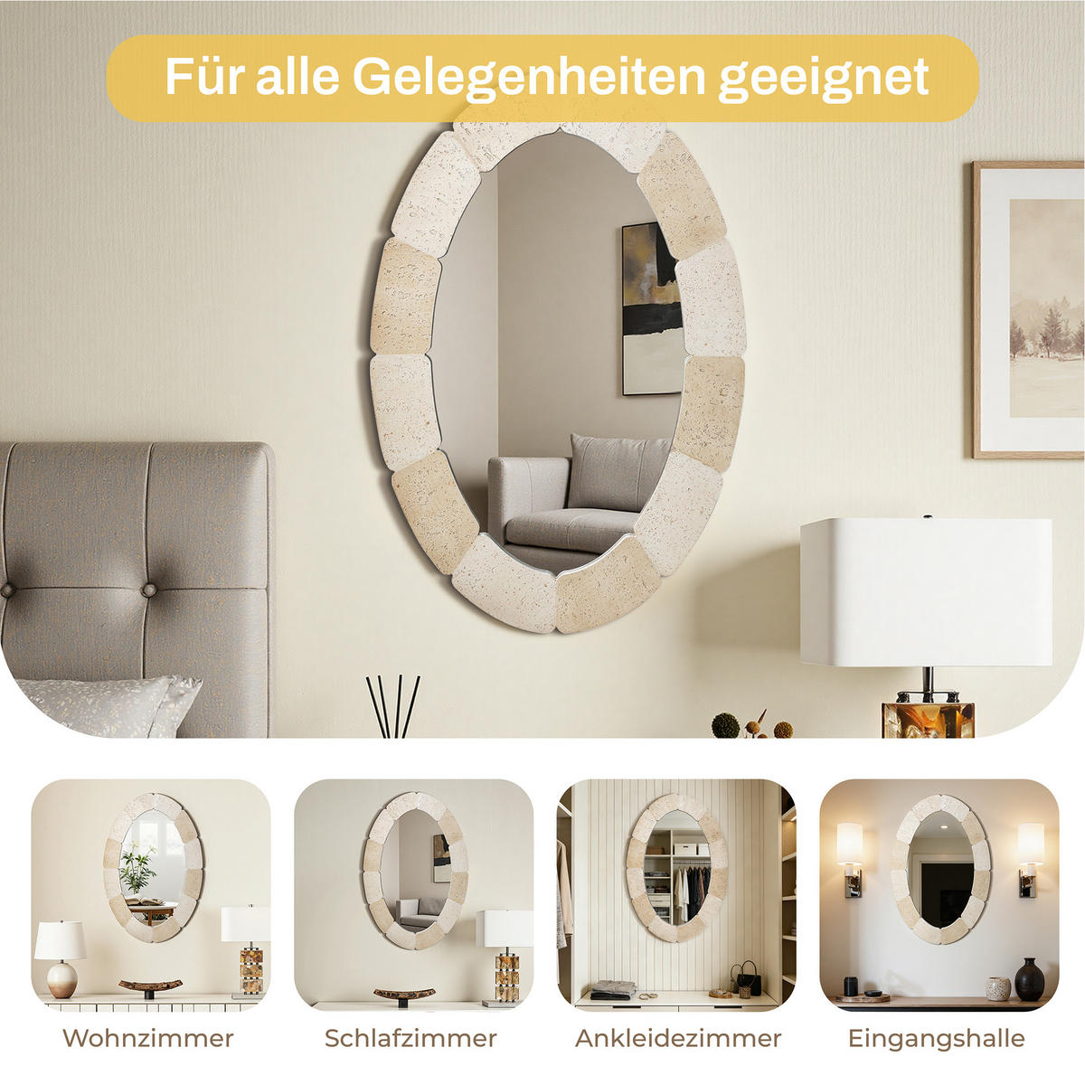 78CM H Ovaler Wandspiegel mit Polyharzrahmen Geeignet für Badezimmer, Wohnzimmer, Schlafzimmer usw. Moderner Boho-Stil - Beige/Akaziefarben, Glas/Kunststoff (78/3.5/52cm) - Hometopia