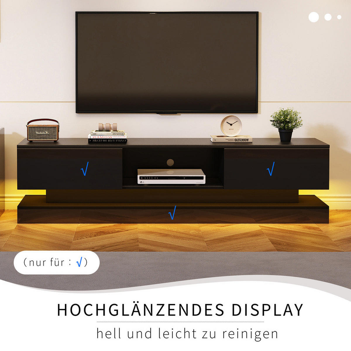 TV-STÄNDER 160x35cm Hochglanz LED-Beleuchtung App-Steuerung Schwarz 2 Schubladen - Schwarz, Holz (45.5/11.5/171cm) - FLIEKS