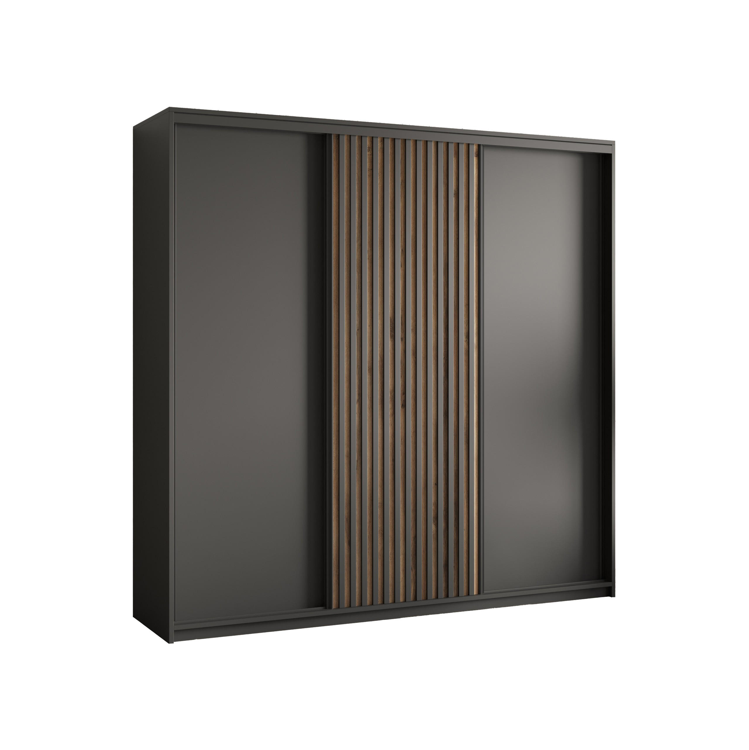 SCHWEBETÜRENSCHRANK VONTE 200/205/60 cm 3-türig mit Lamellen Schwarz - Eiche Wotan/Schwarz, Holzwerkstoff (200/205/60cm) - MASSENO