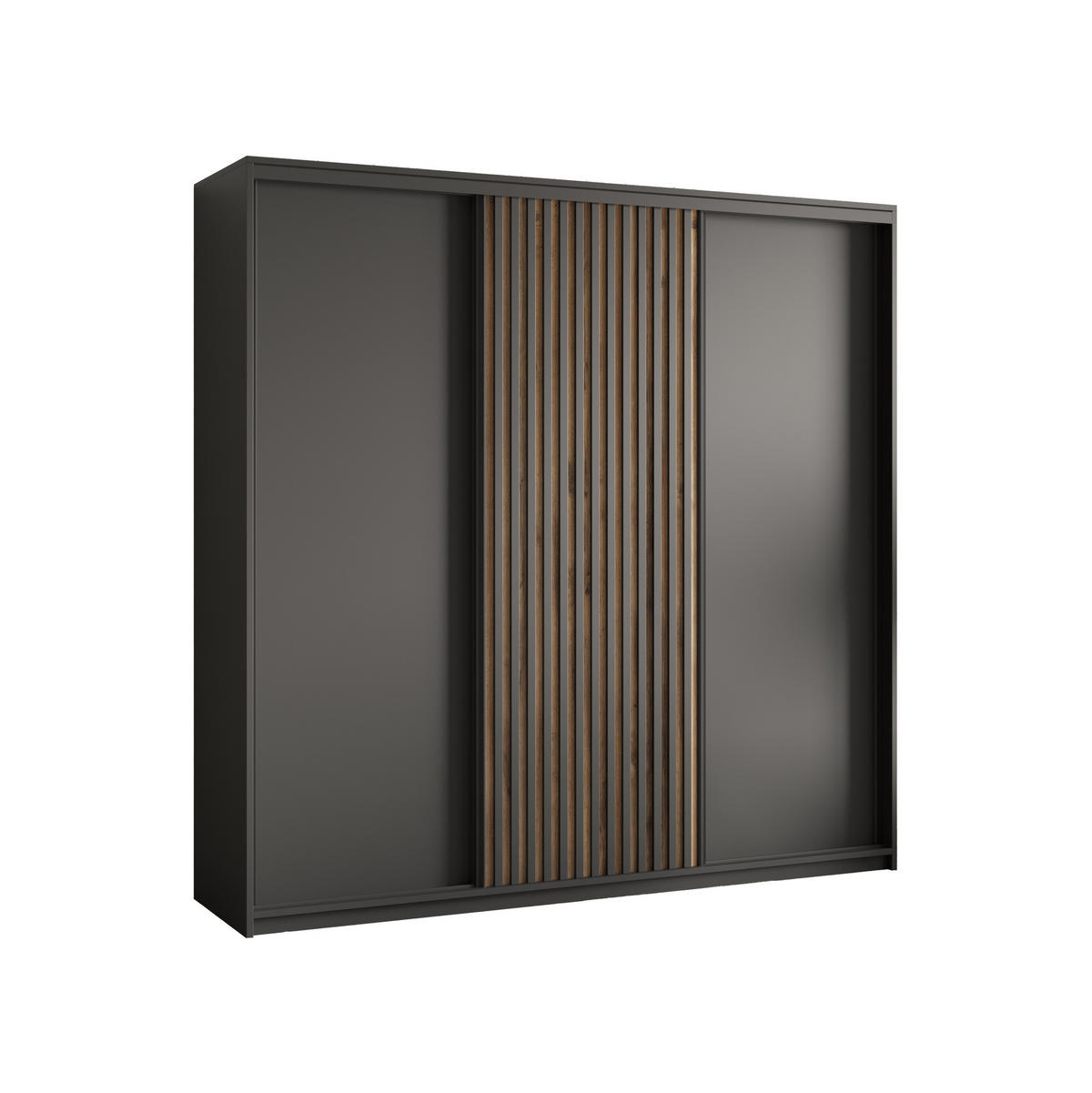 SCHWEBETÜRENSCHRANK VONTE 200/205/60 cm 3-türig mit Lamellen Schwarz - Eiche Wotan/Schwarz, Holzwerkstoff (200/205/60cm) - MASSENO