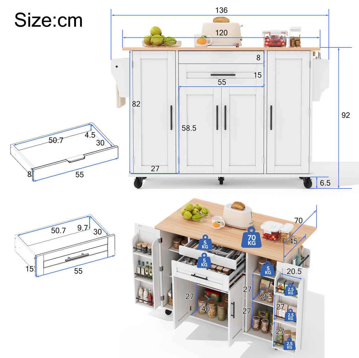 KÜCHENINSEL 136/92/70 cm Weiß/Natur aus MDF mit ausziehbarer Arbeitsplatte - Weiß, Holzwerkstoff (70/92/136cm) - OKMYHOME
