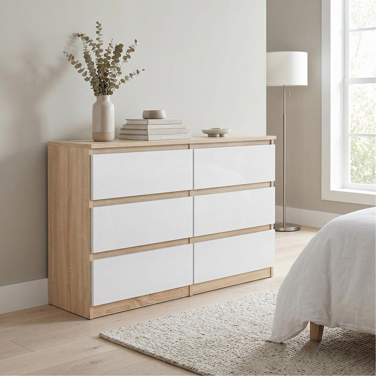 KOMMODE NUDO 120/78,5/39cm mit 6 Schubladen Türen Sonoma Eiche - Weiß/Sonoma Eiche, Holzwerkstoff (120/78.5/39cm) - MASSENO