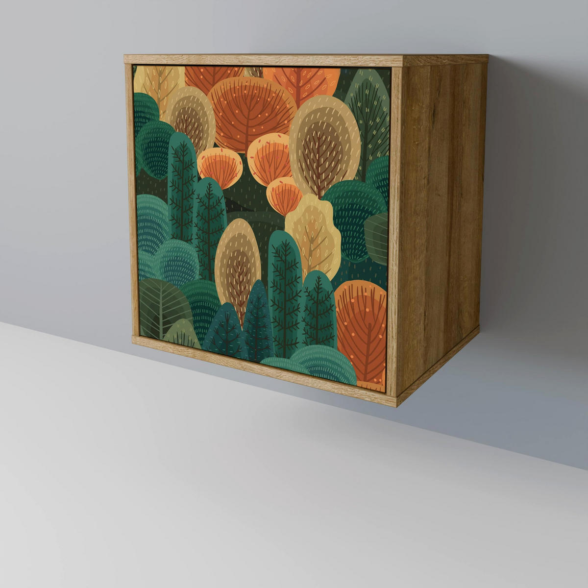 SIDEBOARD AUTUMN KALEIDOSCOPE, Eichefarben, 57,5x42x70,5 cm, Schwarze Metall-Sternfüße - Eichefarben/Multicolor, Holzwerkstoff/Metall (57.5/70.5/42cm) - SpaceRebels