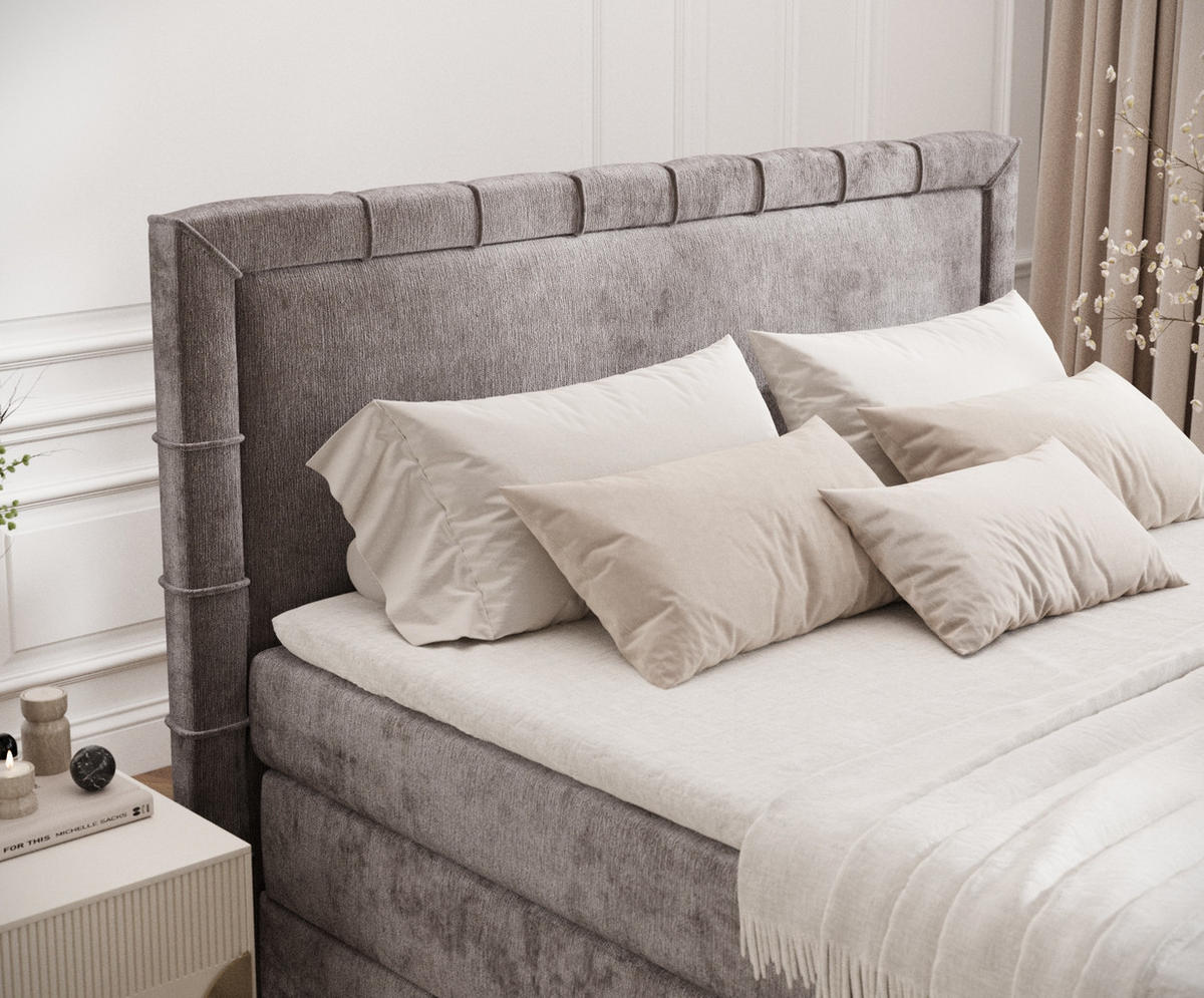 BOXBETT Estelle Beige 140/200 cm im Chenille-Stoff - Beige/Schwarz, Holz/Holzwerkstoff (140/200cm) - Maison de Reve