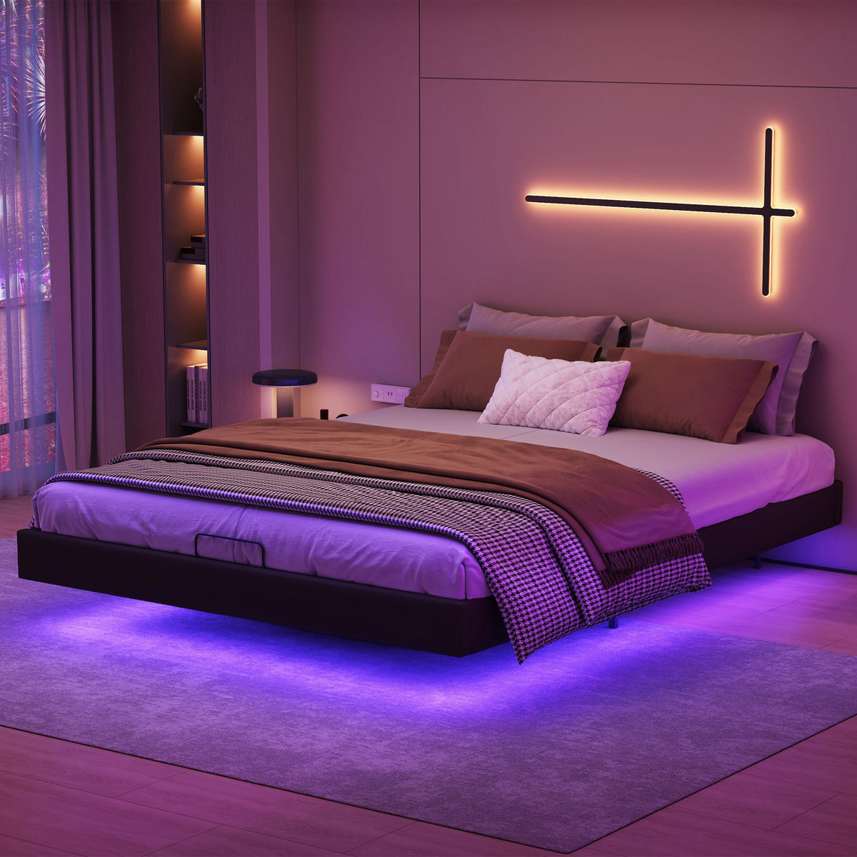 SCHWEBENDBETT 160x200 LED Metallrahmen Stauraum - Schwarz, Holzwerkstoff (160/200cm) - SHOPENTRA