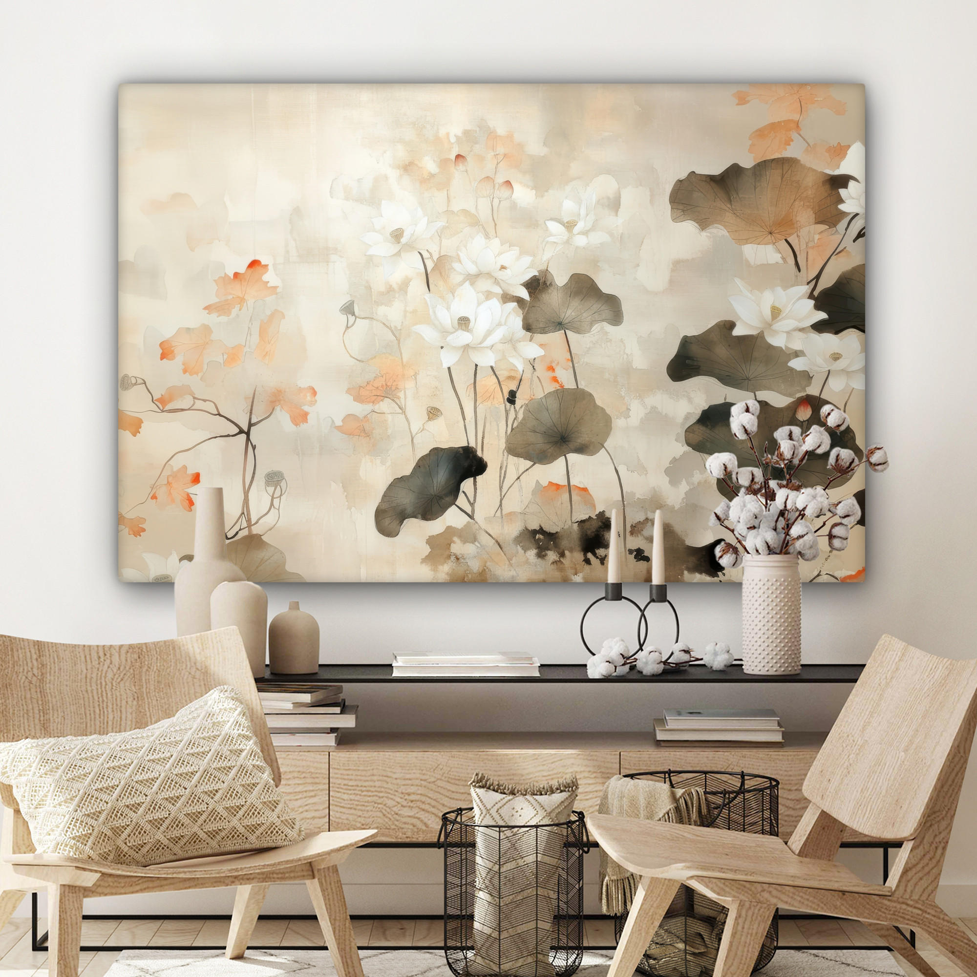 LEINWANDBILD Blumen - Japandi - Wabi sabi Groß 140x90 cm - Sandfarben, Textil (140/90cm) - MuchoWow