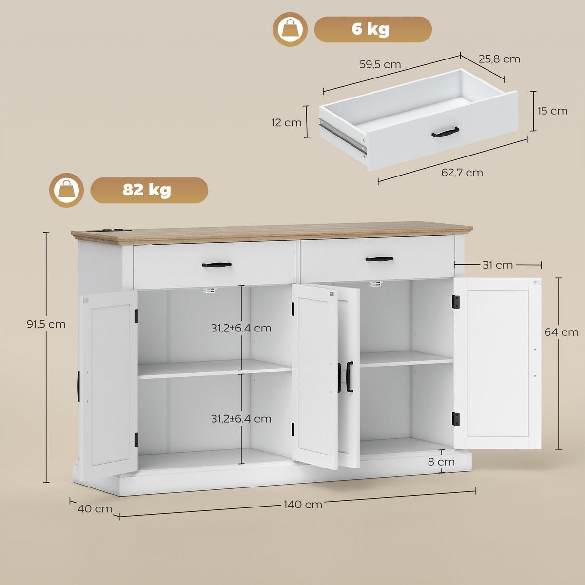 SIDEBOARD Weiß/Eichenfarben, 140/40/91,5 cm - Weiß, Holz (140/91.5/40cm) - PANGIVO
