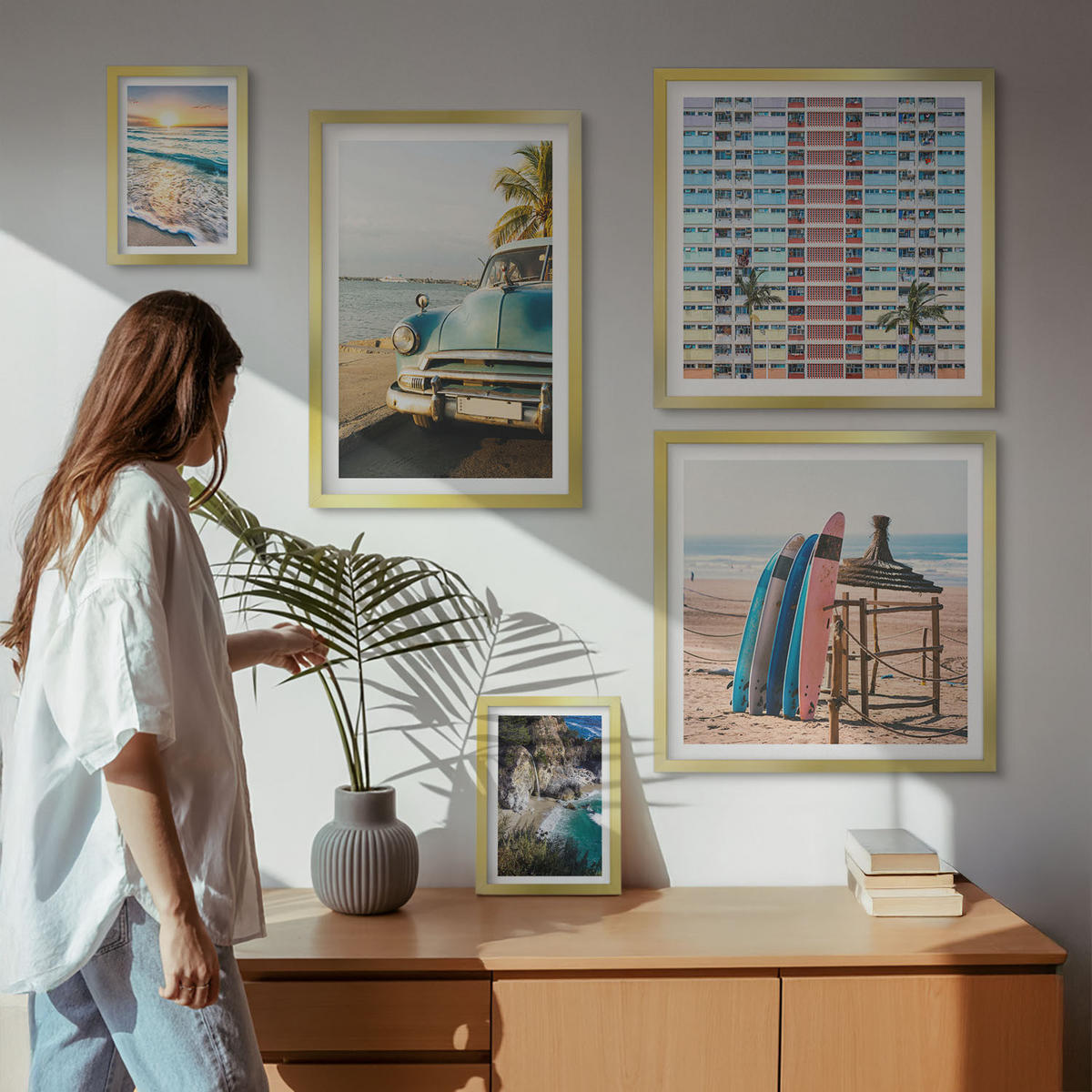 BILDER SET 5er Set - 50x50 cm & 20x30 cm & 40x60 cm Goldrahmen - Sonnenuntergang in Miami - Goldfarben, Kunststoff (40/60cm) - TULUP