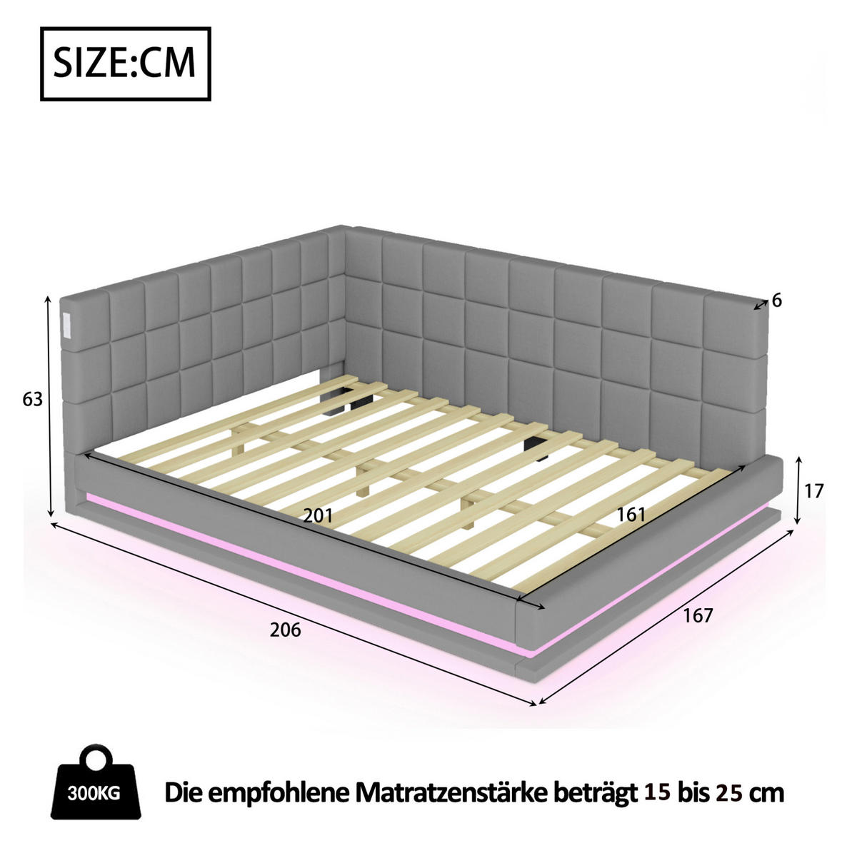 POLSTERBETT mit LED-Beleuchtung 160/200 cm mit USB und Lattenrost in Grau - Grau, Textil (160/200cm) - BEAOK