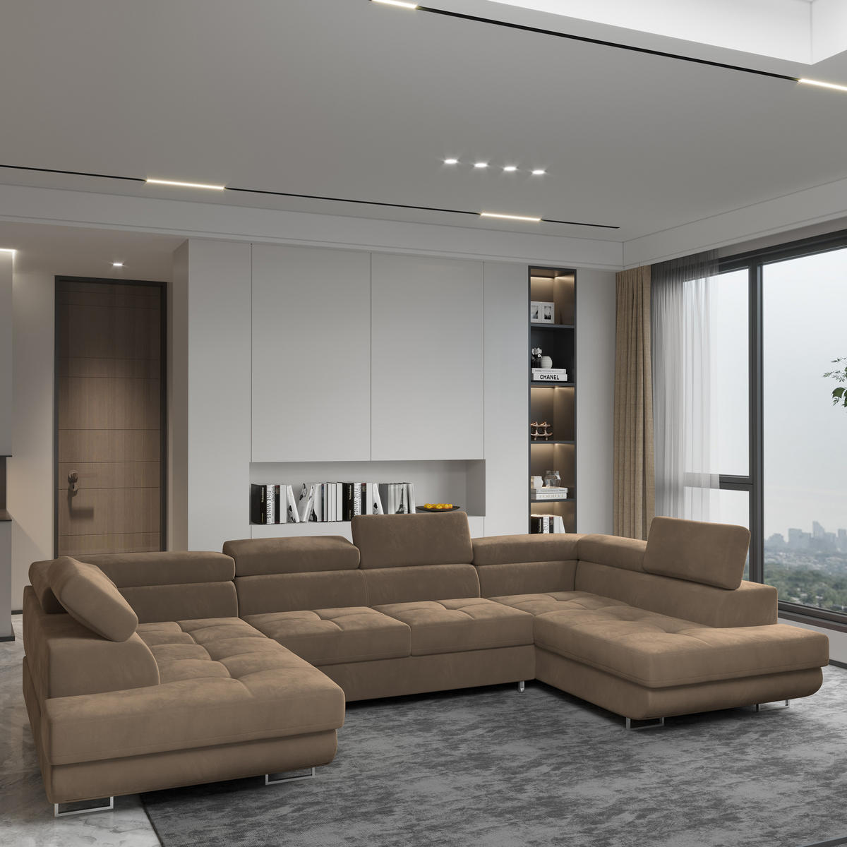 WOHNLANDSCHAFT RAGGIO Beige Velours-Stoff mit Schlaffunktion - Beige, Holz (336/90/202cm) - MASSENO