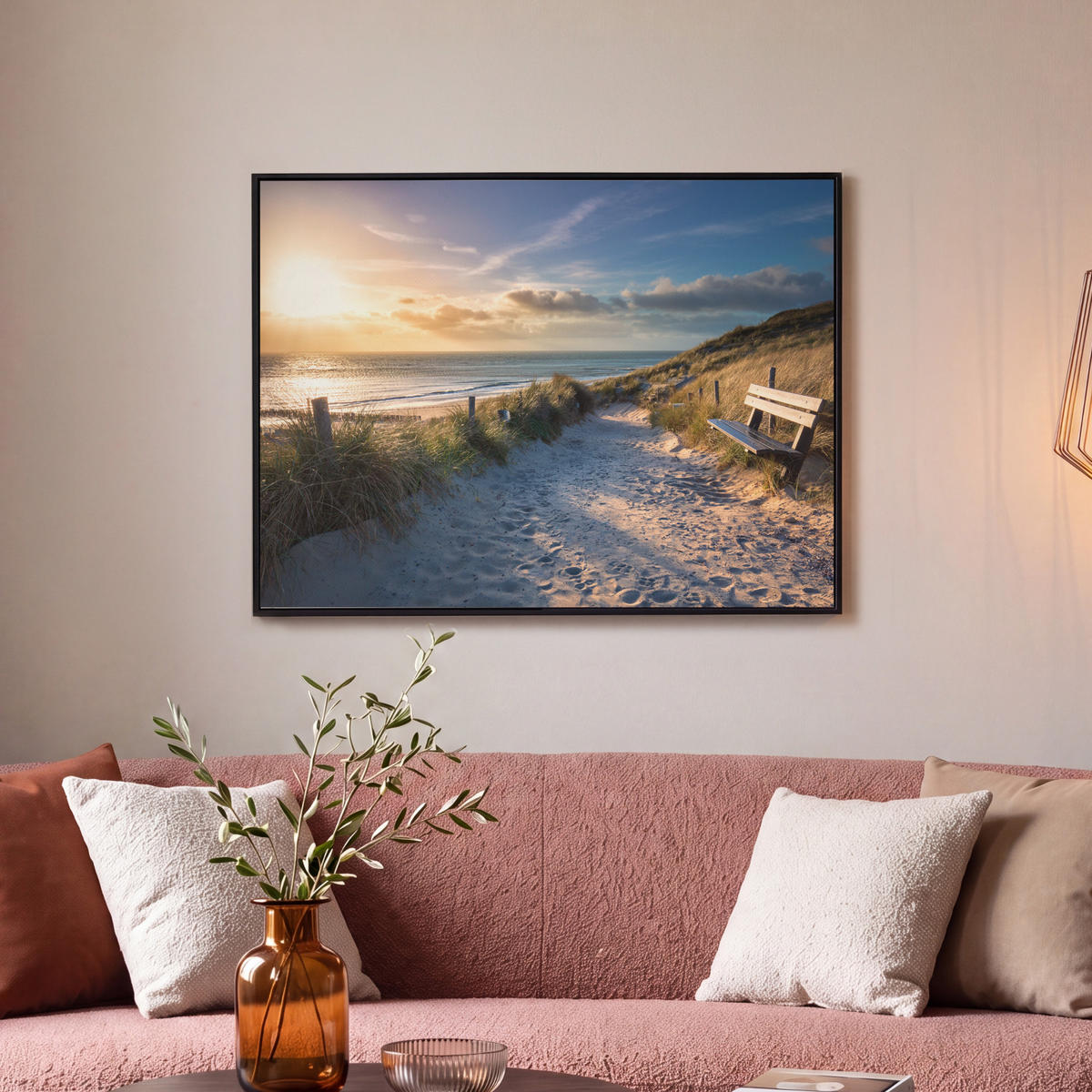 LEINWAND Bilder mit Rahmen - Sonnenuntergang - Strand - Düne - Gras - Ufer - 80x60 - Sandfarben, Textil (80/60cm) - MuchoWow