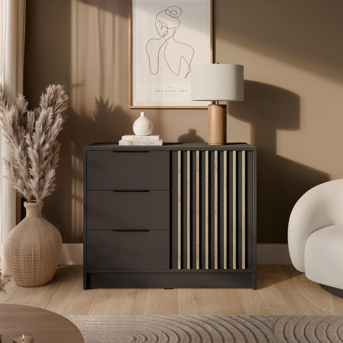 KOMMODE NELA mit Lamellen, Graphit/Artisan - Graphitfarben, Holzwerkstoff (105/86/45cm) - Lookway