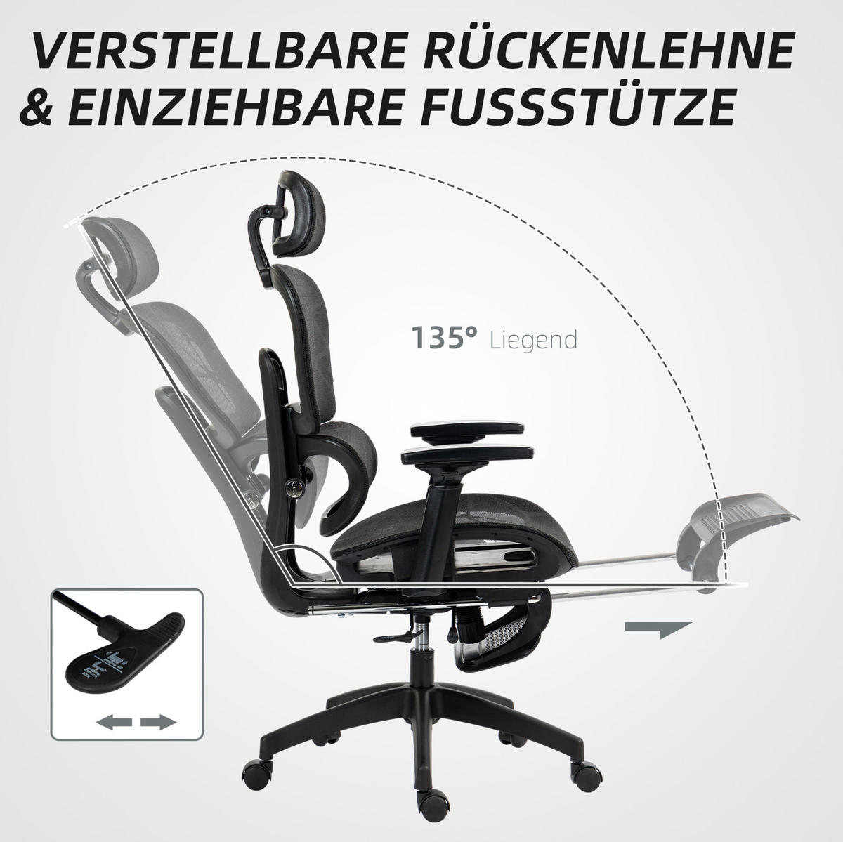 BÜROSTUHL in Schwarz 64x66x122 cm mit Liegefunktion, Fußstütze und verstellbarer Lendenstütze - Schwarz, Textil (66/122/64cm) - IVMEU