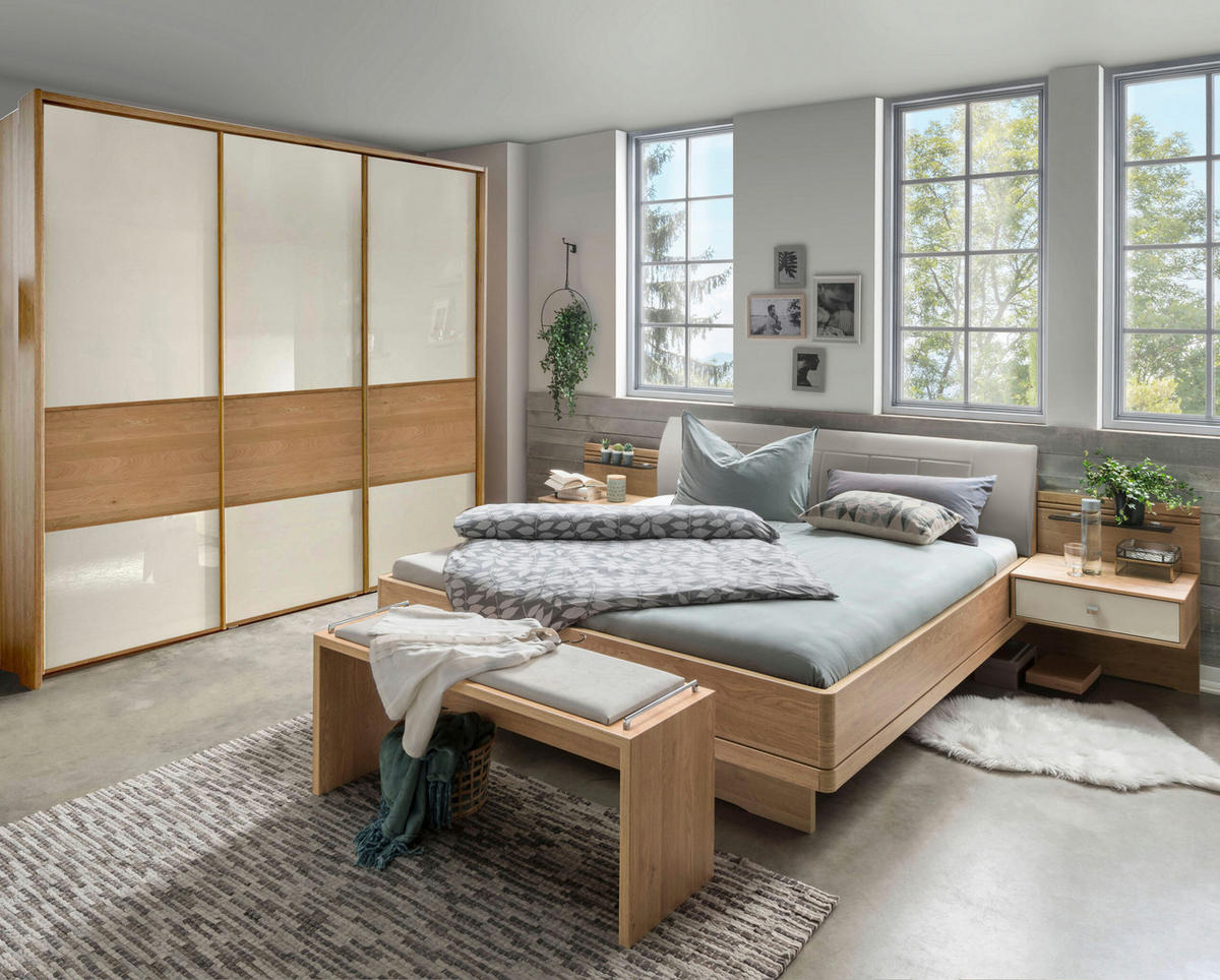 SCHLAFZIMMER Lenvara mit in Champagner 4-teilig mit Schwebetürenschrank mit Spiegel, Passepartout, zwei Nachttische und Komfortbett - Braun, Holzwerkstoff (80/200/120cm)