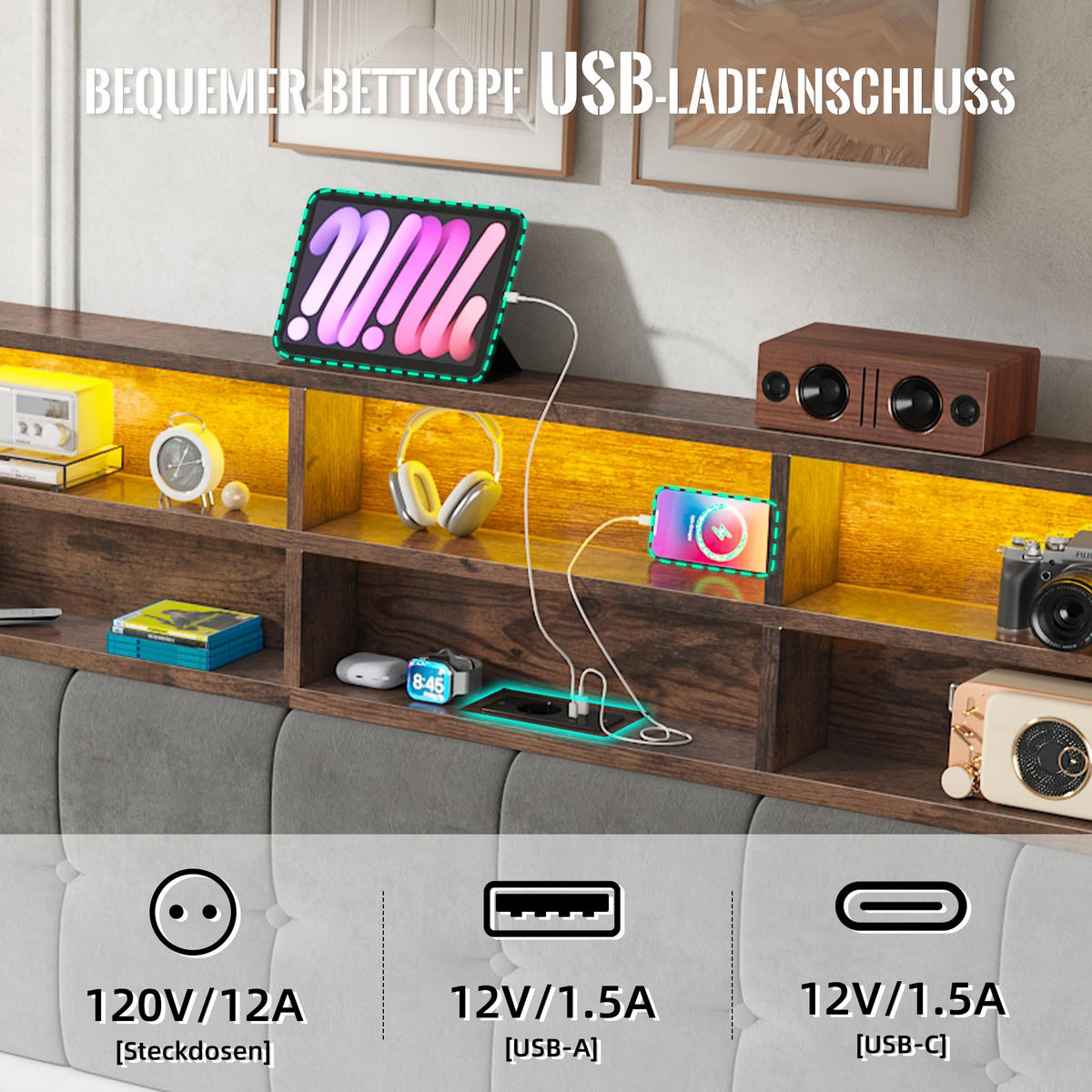 POLSTERBETT 160/200 cm Dunkelgrau mit 6 Fächer, Seitentaschen, USB-C und LED - Dunkelgrau, Textil (160/200cm) - Oxeza
