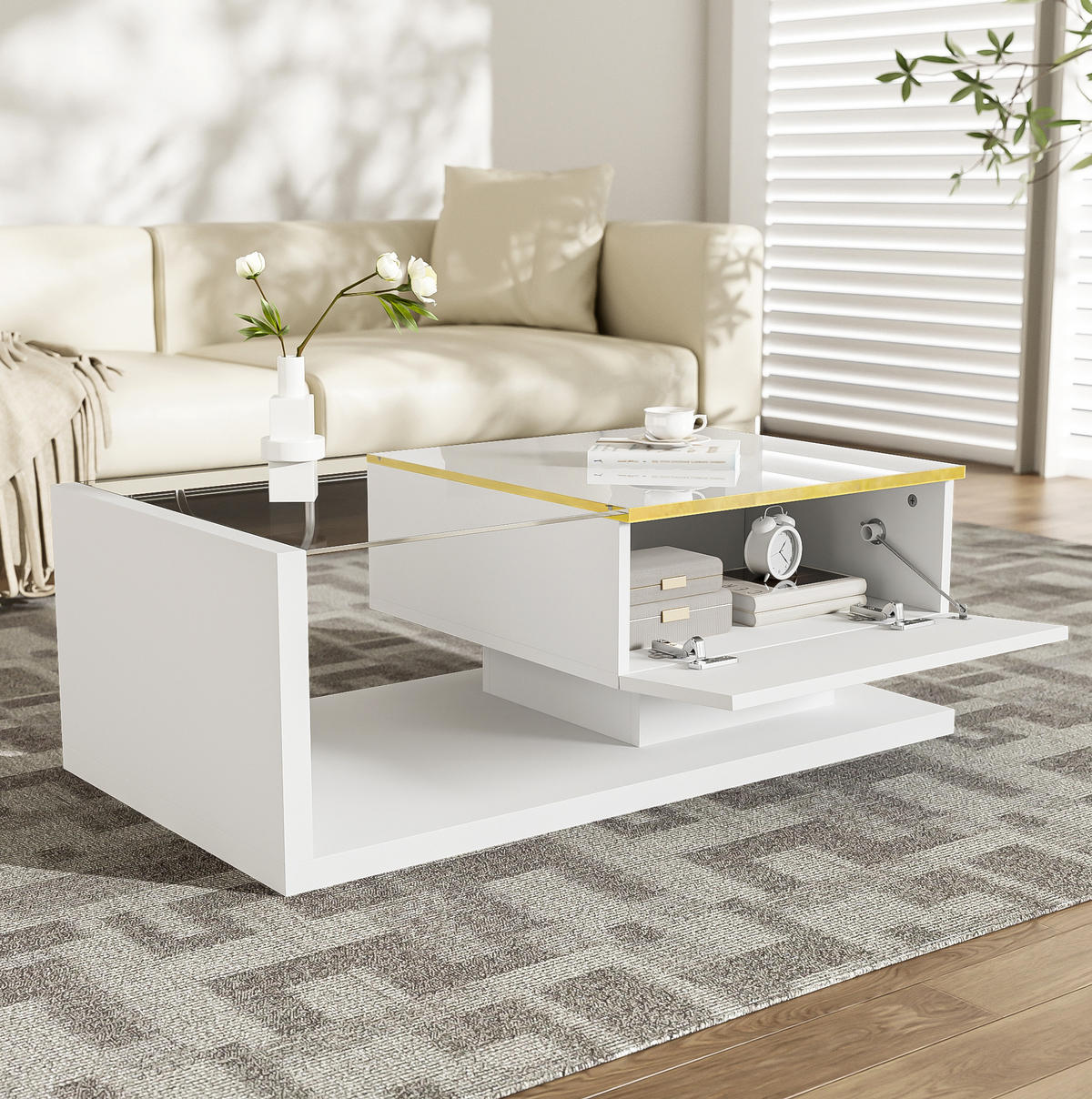 COUCHTISCH 90/50/32,5 cm in Hochglanz-Weiß mit LED-Beleuchtung und Glasplatte - Weiß, Holzwerkstoff (90/50/32.5cm) - Flora Grace