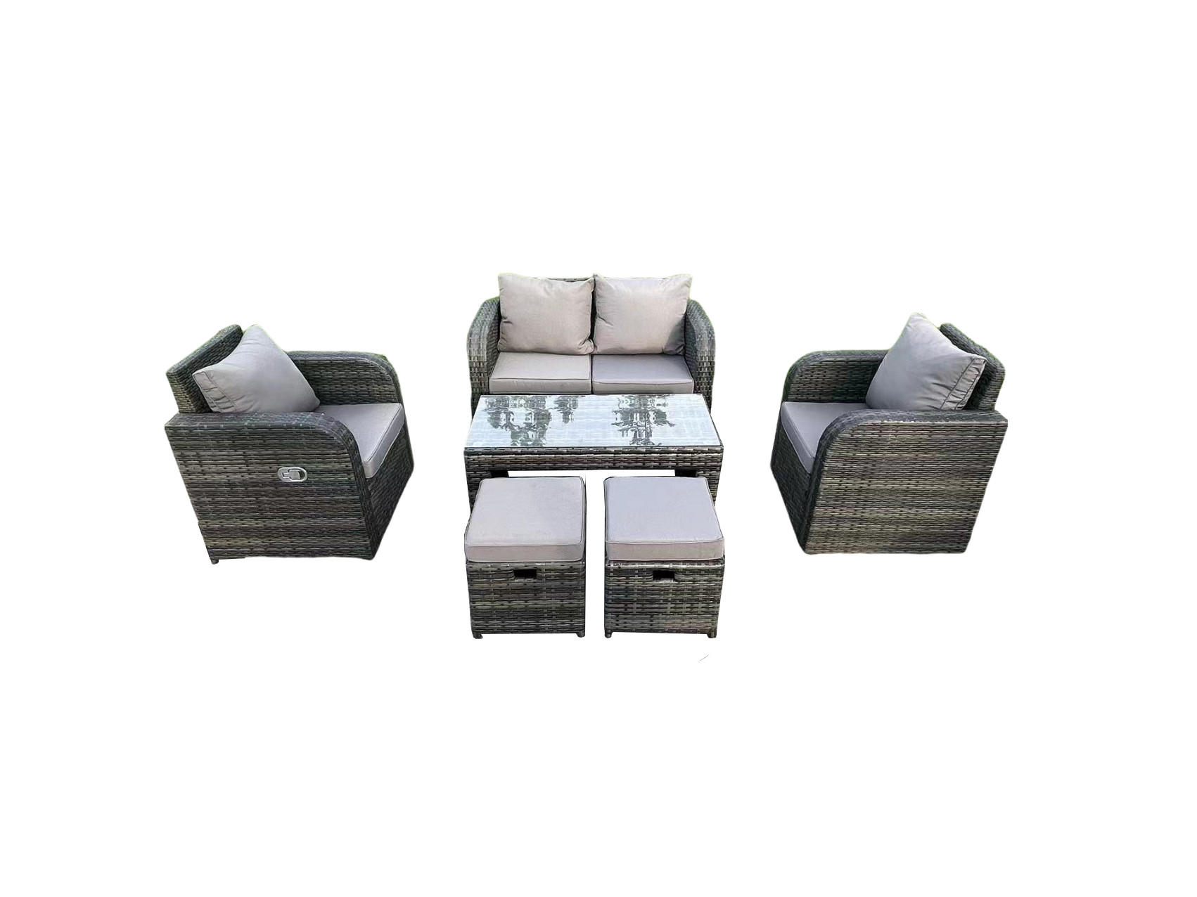 GARTENSOFA SET Polyrattan 6-Sitzer - Dunkelgrau/Grau, Glas/Kunststoff - Fimous
