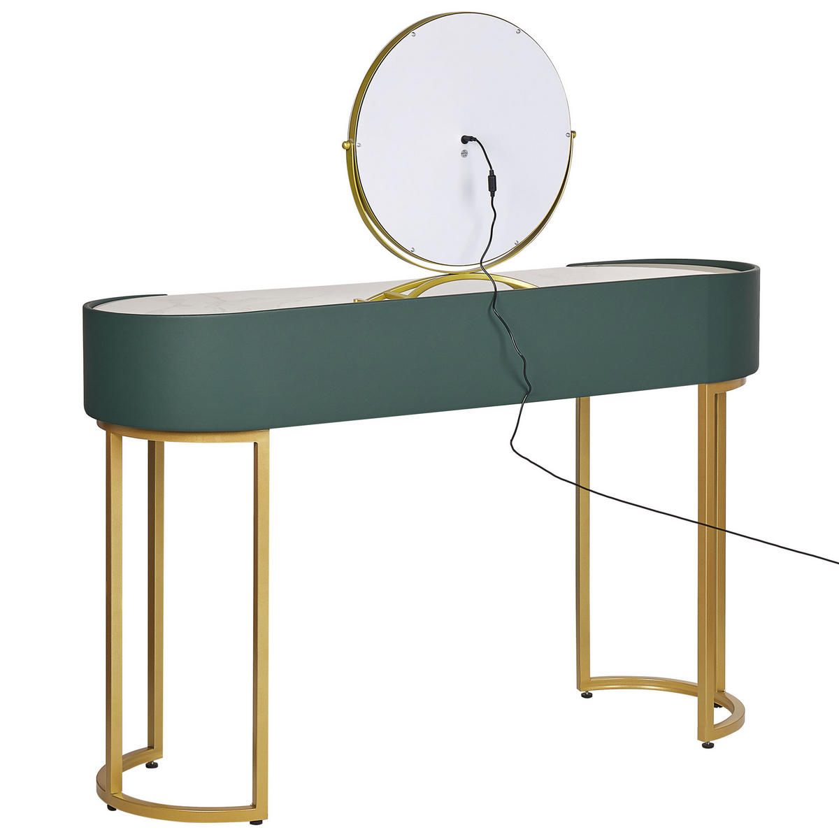 SCHMINKTISCH mit rundem LED-Spiegel Hocker 2 Schubladen dunkelgrün/gold Vinax - Goldfarben/Grün, Holzwerkstoff (118/125/39cm) - Beliani