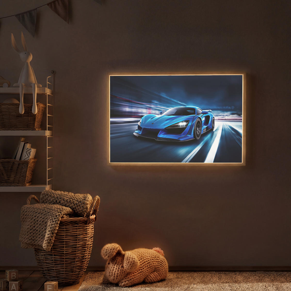 NÁSTĚNNÁ LAMPA S AKUMULÁTOREM Auto - Modrá - Chlapci - Dítě 90x60 cm - modrá, kompozitní dřevo (90/60/8cm) - OnlyWow