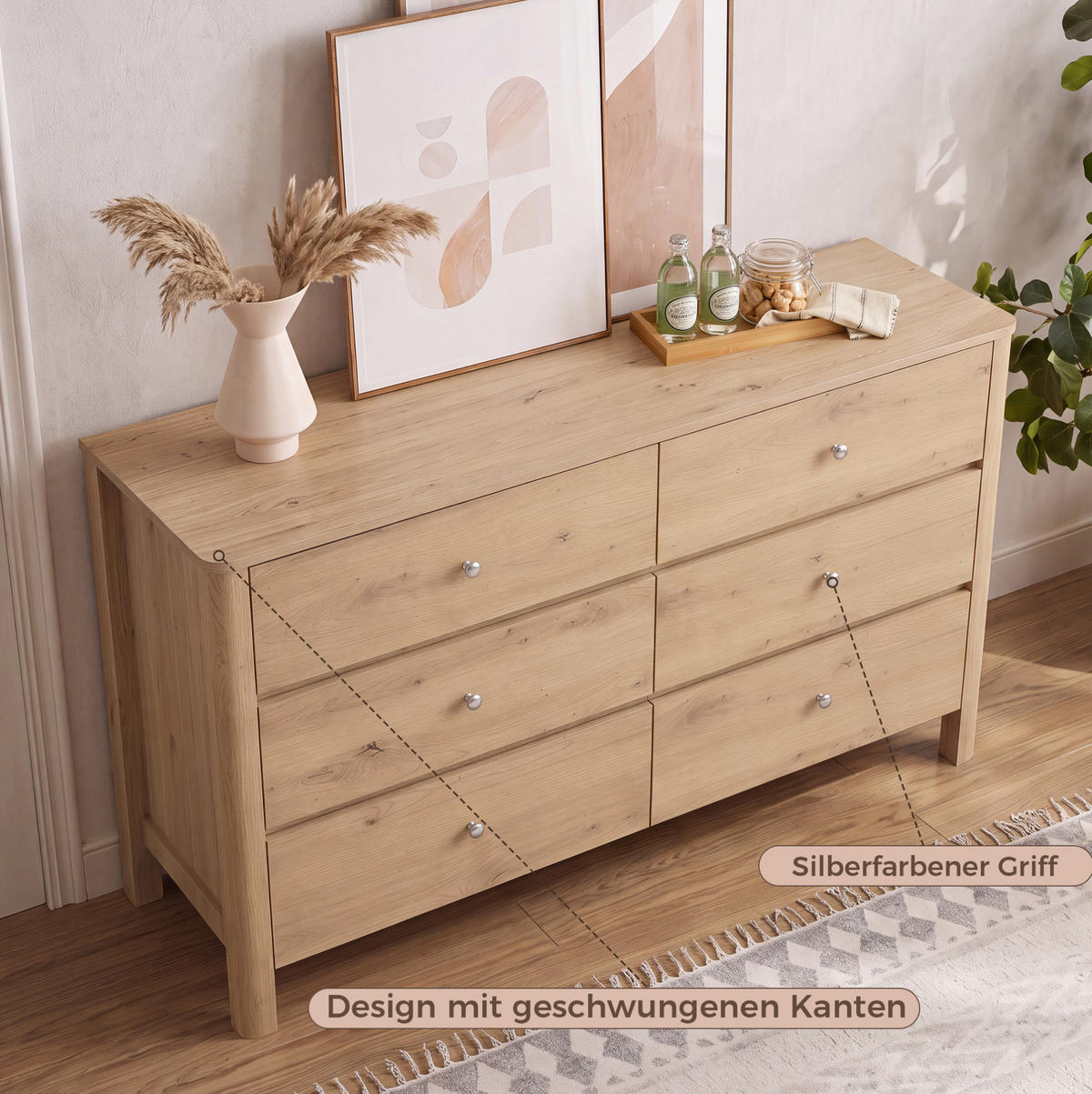KOMMODE in Eiche 120x40x80 cm mit 6 Schubladen und silberfarbenen Metallgriffen - Eichefarben, Holzwerkstoff (40/80/120cm) - IVMEU