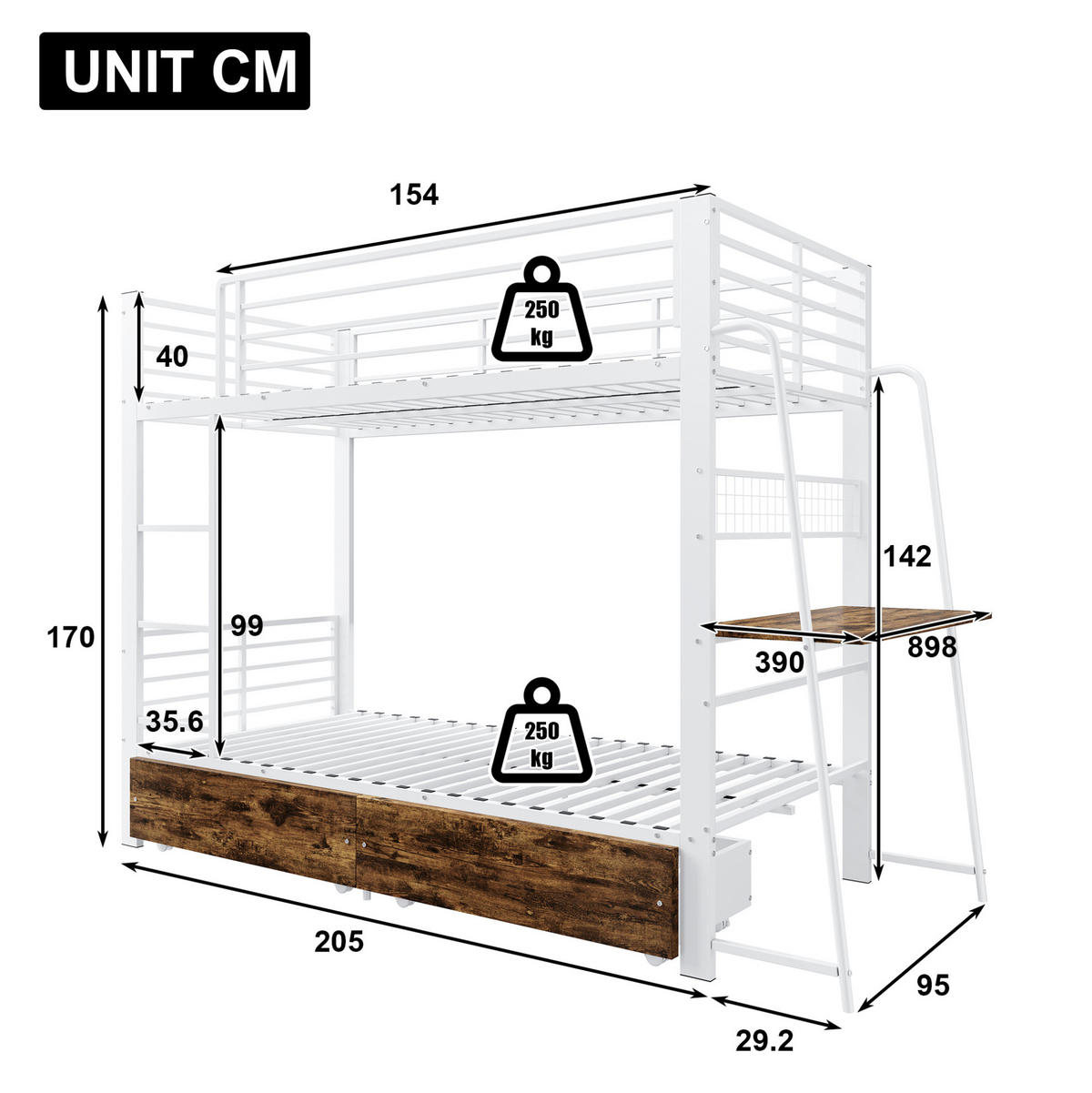 ETAGENBETT 90x200 cm mit Stauraumschubladen, bis 250 kg pro Liegefläche - Schwarz, Holzwerkstoff (90/200cm) - IVMEU
