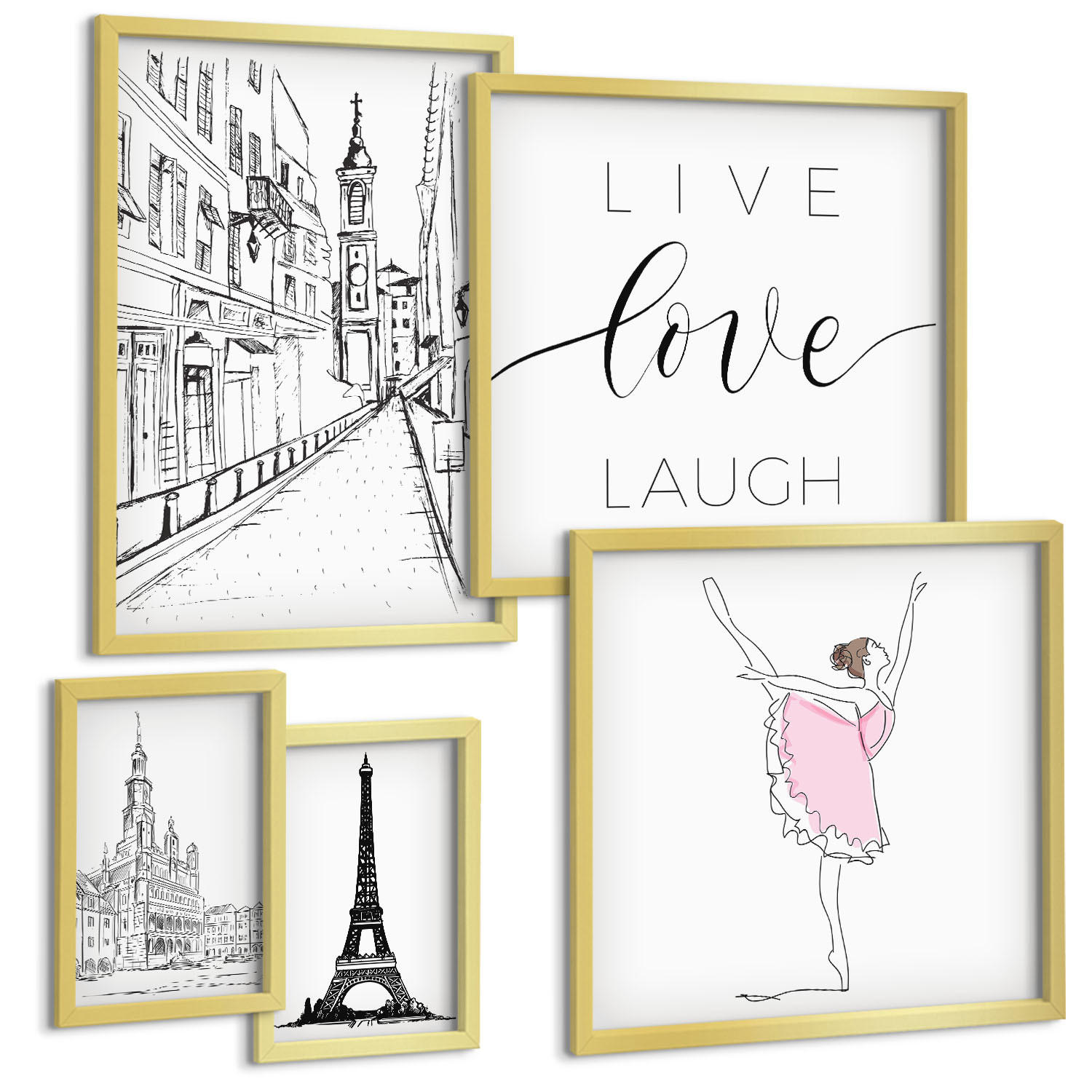 BILDER SET 5er Set - 50x50 cm & 20x30 cm & 40x60 cm Goldrahmen - Fruchtige Zitrusmuster - Goldfarben, Kunststoff (40/60cm) - TULUP