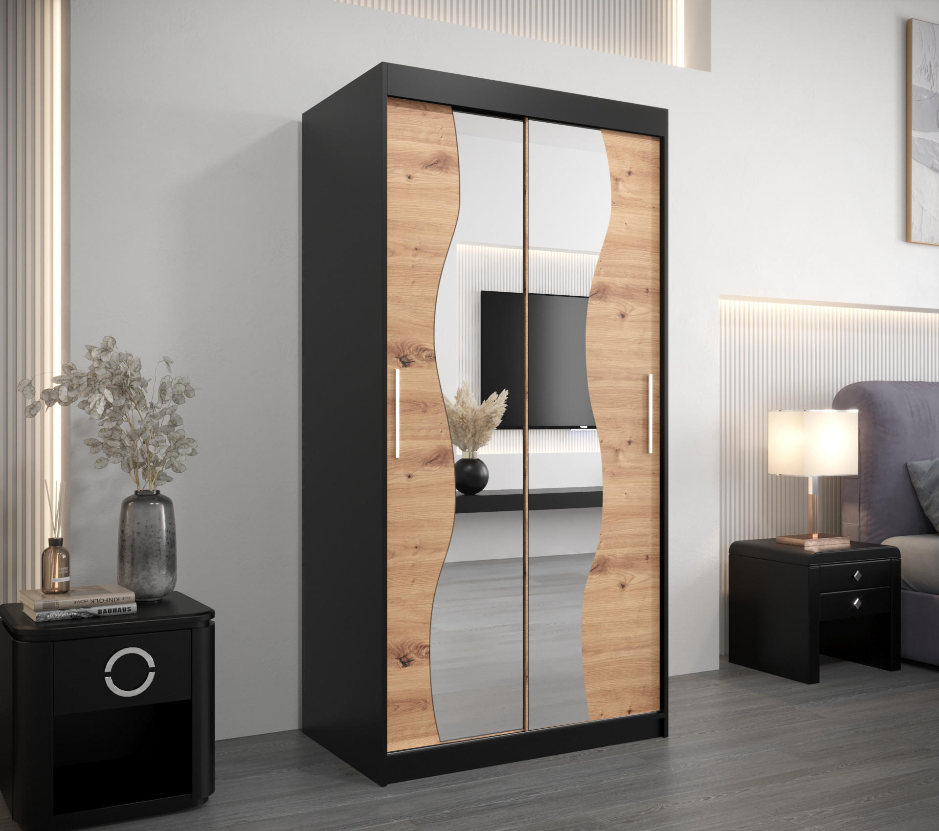 SCHWEBETÜRENSCHRANK 200/100/62 2-türig - Silberfarben/Schwarz, Holz/Kunststoff (100/200/62cm) - Abiks Möbel