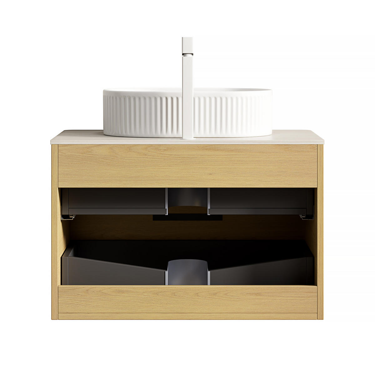 WASCHTISCHUNTERSCHRANK 75x46x62.2cm Beige/Eiche/Weiß mit ovalem Keramikbecken & Travertin-Arbeitsplatte - Eichefarben, Keramik (75/62.2/46cm) - Modfu