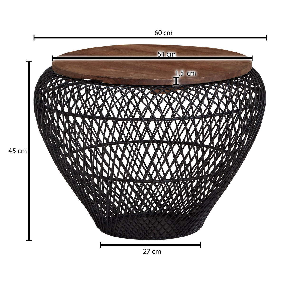 COUCHTISCH Rund mit Stauraum, Holz-Metallgestell, Mango-Massivholz, Schwarz 60x60x45 cm - Schwarz, Holz/Metall (60/60/45cm) - KADIMA DESIGN